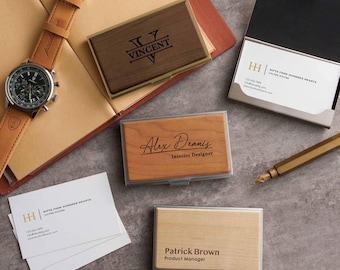 Promotion Gift Custom Engraved Wooden Name Card Case, Sleek Walnut Metal Business Accessory [N]