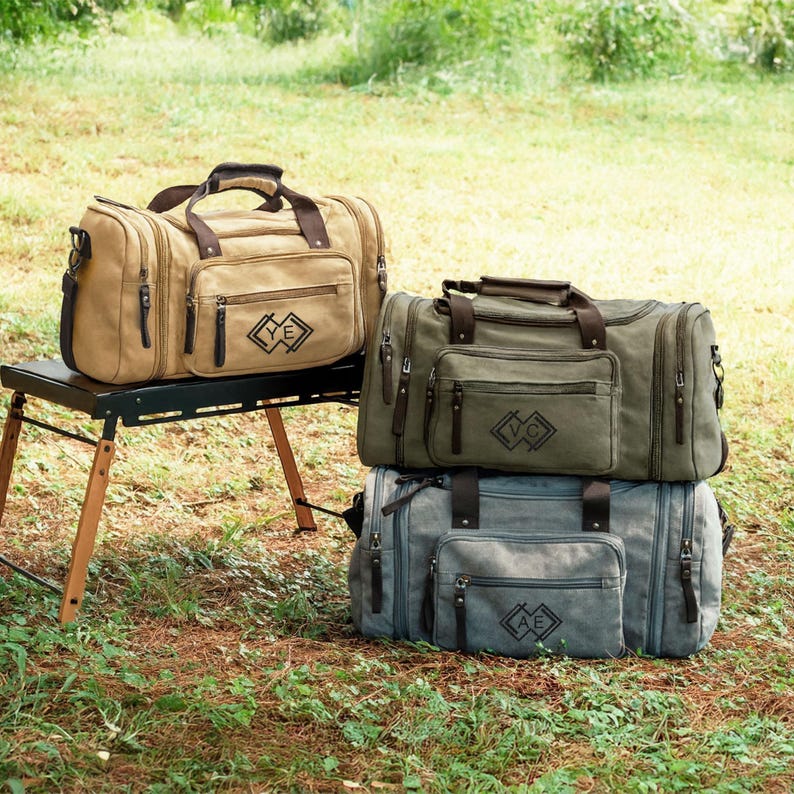 Best Man Gift Monogrammed Grey Khaki Weekender: Large Canvas Overnight Bag [R] image 6