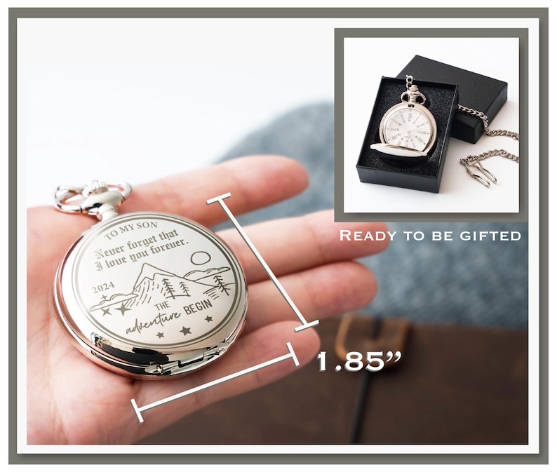 a hand holding a silver pocket watch with a message engraved on it, and there is a separate image of the same pocket watch in a box.