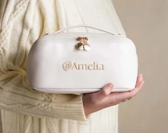 Monogram Embroidered Toiletry Bag, Large Vegan Leather Makeup Organizer, Personalized Bridesmaid Proposal Gift