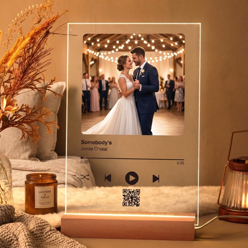 Personalized Music Plaque with Wood Stand: Custom Couple Picture Song Code Sign image 18