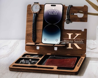 Custom Wooden Docking Station | Engraved Desk Organizer for Men | Charging Station for Boyfriend | Unique Fathers Day Gifts | Phone Stand