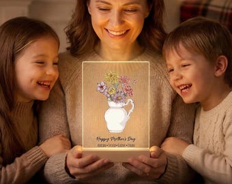 Abuela Garden Anpassad Födelseblommaplakett: Glödande LED-basnattlampa i akryl