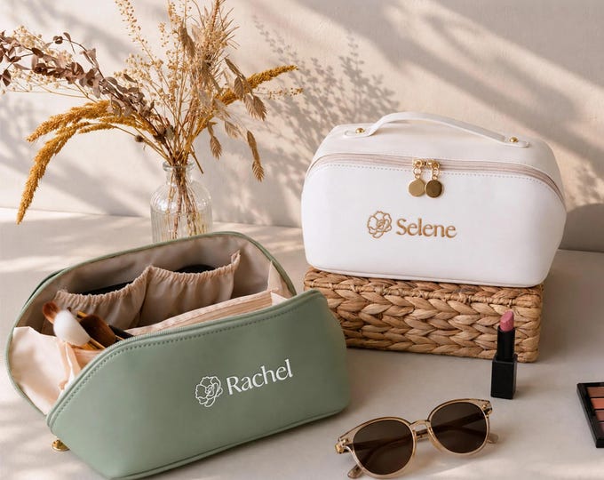 Personalized Embroidered Leather Makeup Bag, Gifts for Her, Large Toiletry Organizer for Bride & Bridesmaid Gifts