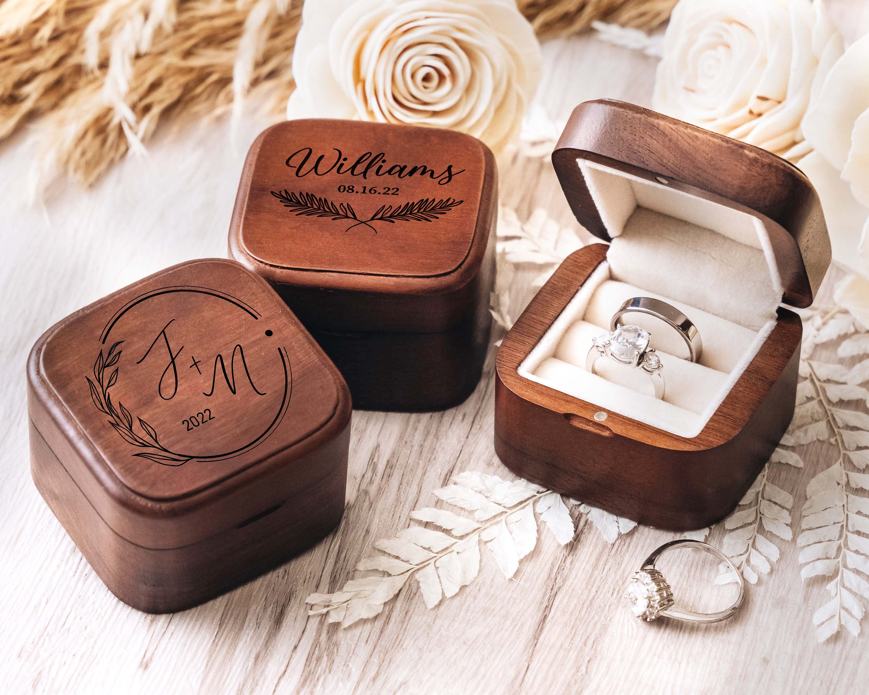 Engagement Wooden Double Ring Box, Personalized Anniversary Gifts, Custom Square Ring Box for