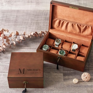 Engraved Watch Box with Lock & Key, Fathers Day Gift, 6 Slots Watch Storage Case for Men, Groomsmen Gift, Anniversary Gift for Husband