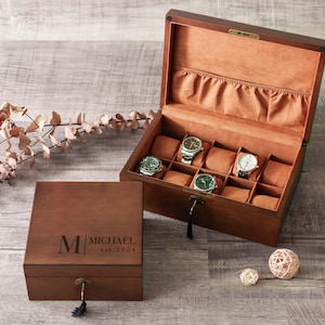 Mens Watch Box, Fathers Day Gift for Him, Customized Watch Box with Lock & Key, Personalized 10 Slots Wooden Watch Case