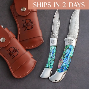 Personalized Damascus Pocket Knife, Wedding Party Favor, Engraved Knife for Him, Gift for Husband, Christmas Gift, Custom Folding Knife