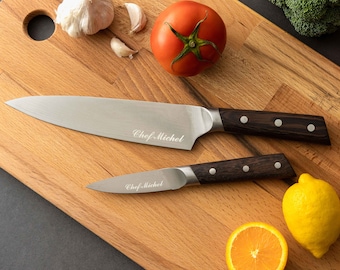 Ensemble de couteaux de chef personnalisés | Couteau de chef gravé personnalisé de 20 cm pour papa | Cadeaux d'anniversaire pour lui | Cadeaux Fête des Mères | Couteau de cuisine