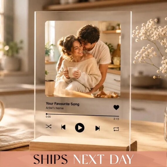 Couples Anniversary Personalized Spotify Plaque: Custom Photo Playlist Acrylic Frame, Wood Stand [R]