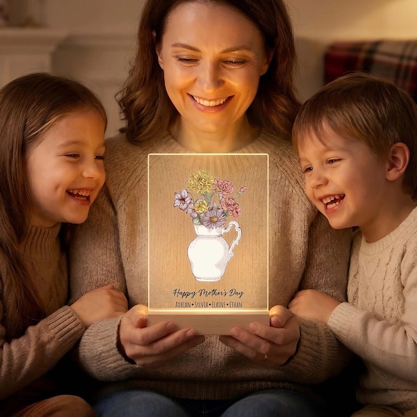 Placa personalizada con la flor de nacimiento de la abuela de Abuela Garden: luz nocturna acrílica con base LED brillante.