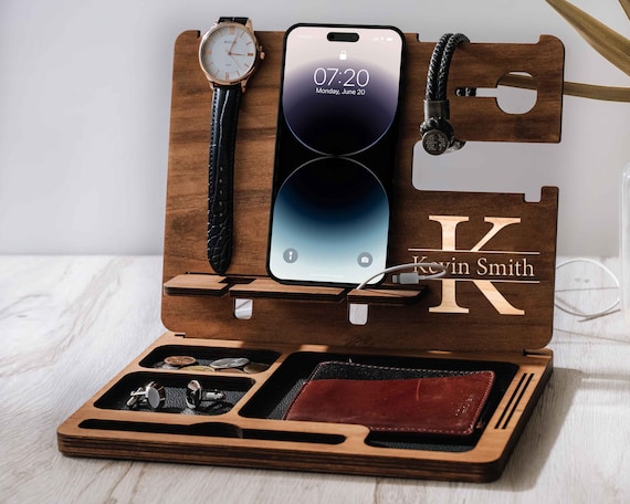 Wood Docking Station, Valentines Day Gift for Him, Engraved Desk Organizer for Men, Gifts for Him, Gift for Husband, Gift for Boyfriend