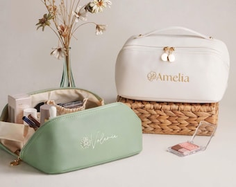 Personalized Embroidered Leather Makeup Bag, Mothers Day Gift for Her, Large Toiletry Organizer for Bride & Bridesmaid Gifts [T]