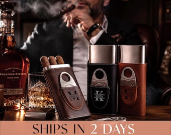 Engraved Cigar Case, Personalized Groomsmen Gifts, Custom Leather Cigar Holder, Cigar Travel Case, Fathers Day Gift for Him [T]