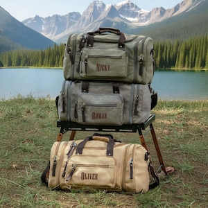Best Man Gift Monogrammed Grey Khaki Weekender: Large Canvas Overnight Bag [R] image 8
