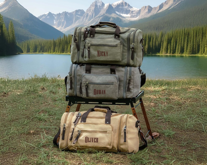 Best Man Gift Monogrammed Grey Khaki Weekender: Large Canvas Overnight Bag [R] image 8