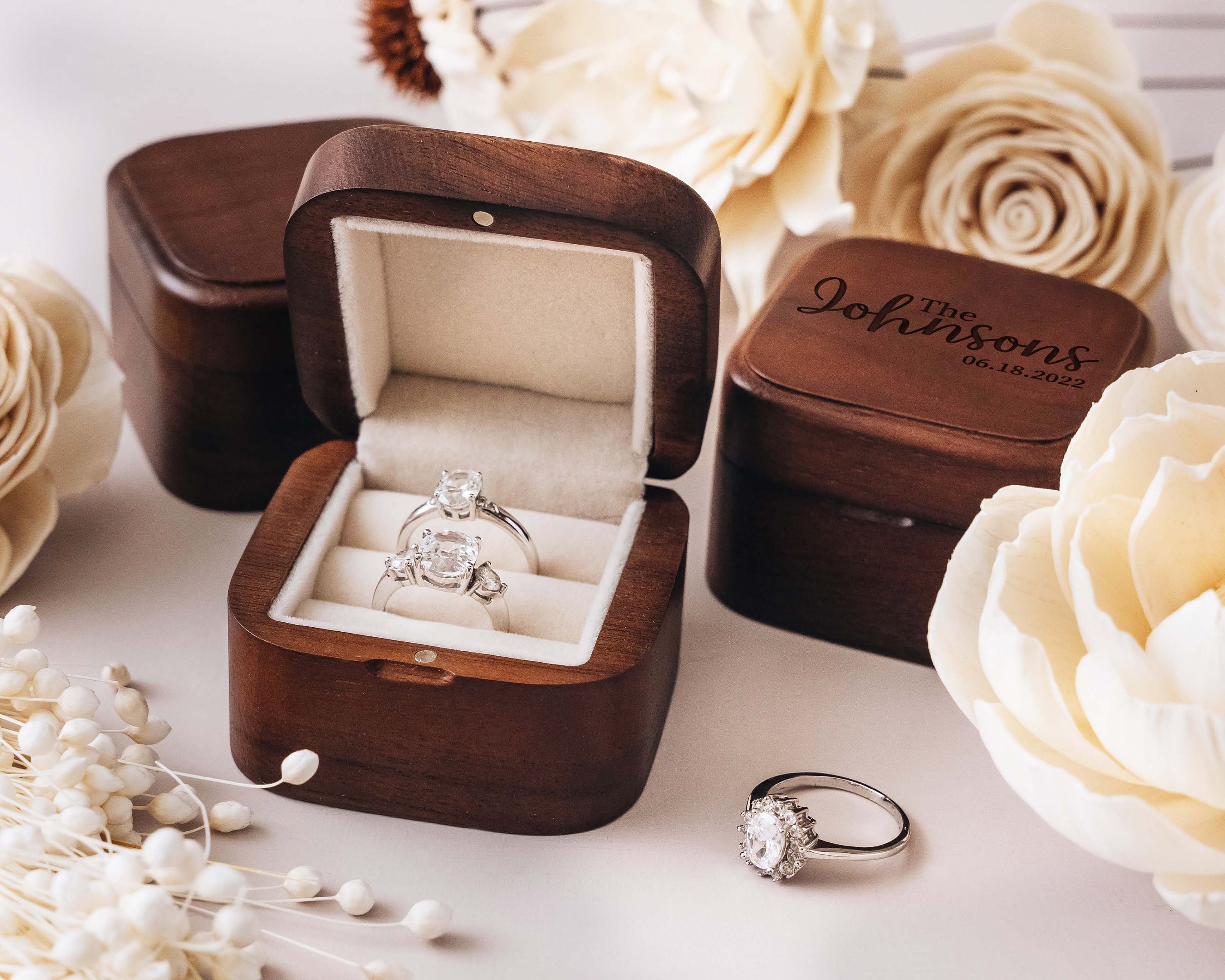 Engagement Wooden Double Ring Box, Personalized Anniversary Gifts