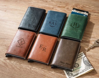 Personalized Pop Up Leather Wallet | Groomsmen Gifts | Custom Compact Wallet for Husband | Fathers Day Gifts | Minimalist Slim Card Holder