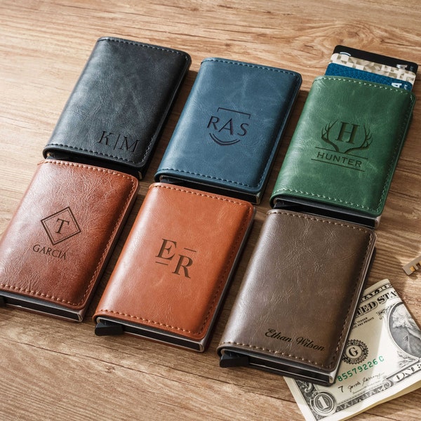 Personalized Pop Up Leather Wallet | Groomsmen Gifts | Custom Mens Wallet for Husband | Gifts for Dad | Minimalist Slim Card Holder