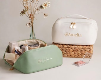 Personalized Embroidered Leather Makeup Bag, Mothers Day Gift for Her, Large Toiletry Organizer for Bride & Bridesmaid Gifts