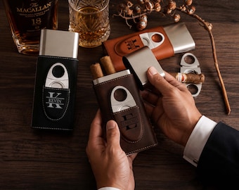 Groomsmen Cigar Case Leather Holder, Personalized Gift for Him, Engraved Cigar Holder, Stainless Steel Cutter