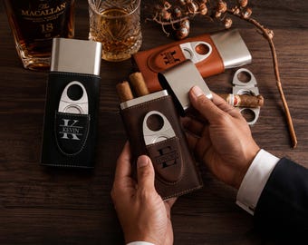 Custom Leather Cigar Holder, Groomsmen Gift, Engraved Cigar Case with Cutter, Cigar Travel Case, Stainless Steel Cutter, Best Dad Gift [T]