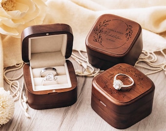 Personalized Wedding Ring Box | Square Double Ring Box | Custom Engraved Wood Ring Bearer for Engagement, Proposal |  Anniversary Gift