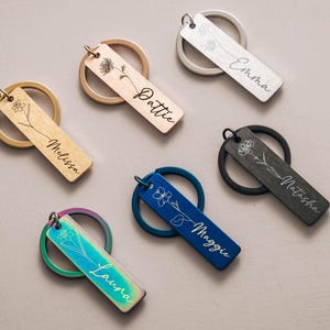 Birth Flower Metal Keychain, Engraved Name Keychain, Custom Gift for Friend, Birthday Gift for Her, Flower Keyring