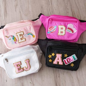 Pochete com patch de chenille, faça você mesmo, presente para ela, presente para madrinha, pochete de náilon, pochete para menina, patch de letras de chenille
