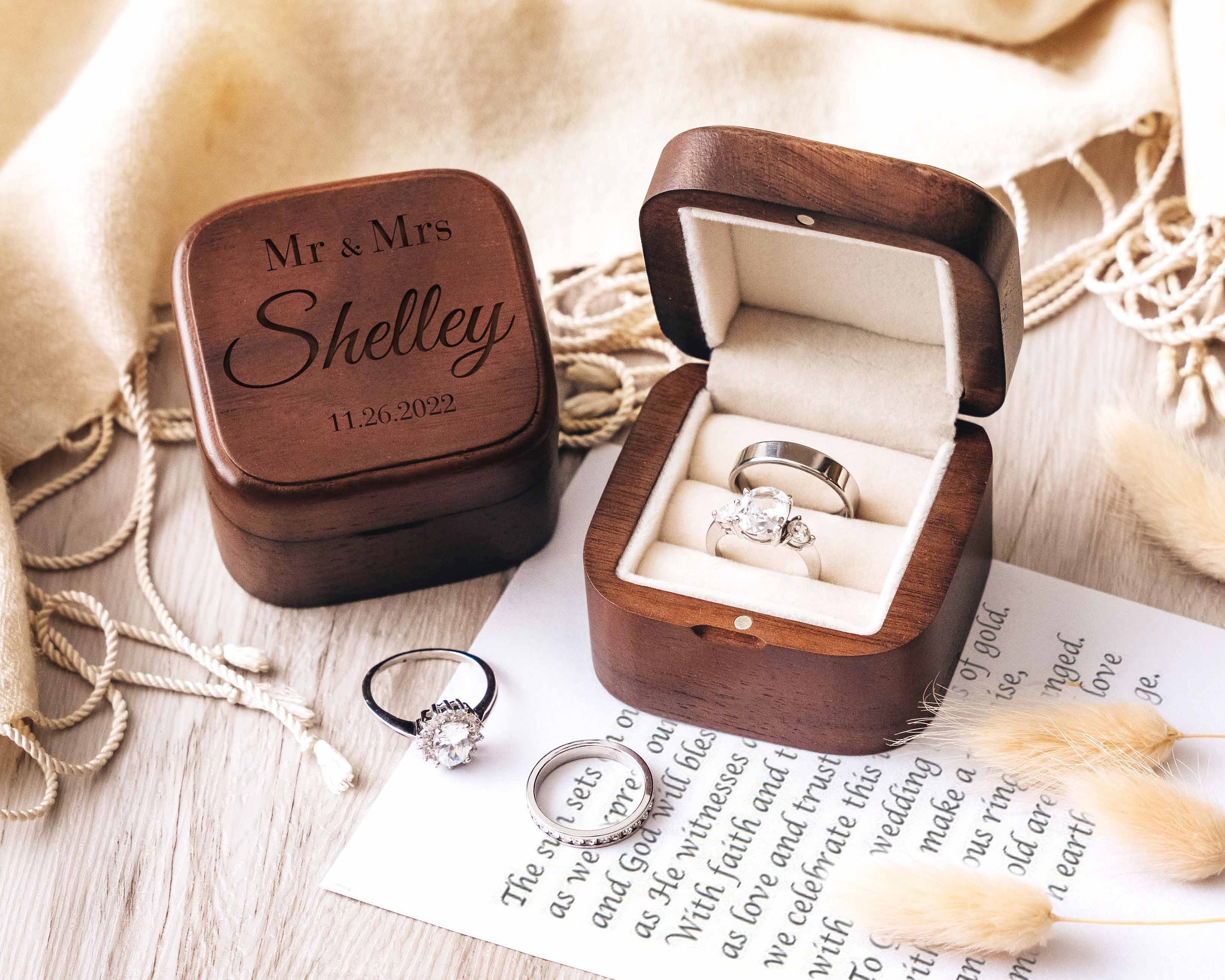 Engagement Wooden Double Ring Box, Personalized Anniversary Gifts