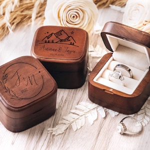 Engagement Wooden Double Ring Box | Personalized Anniversary Gifts | Custom Square Ring Box for Wedding Ceremony, Proposal, Valentines Day