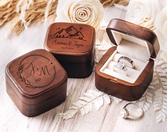 Engagement Wooden Double Ring Box | Personalized Anniversary Gifts | Custom Square Ring Box for Wedding Ceremony, Proposal, Valentines Day