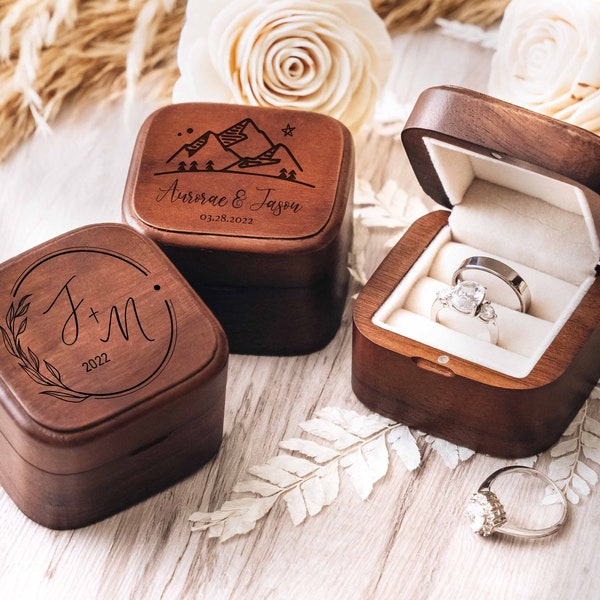 Engagement Wooden Double Ring Box | Personalized Anniversary Gifts | Custom Square Ring Box for Wedding Ceremony, Proposal, Valentines Day