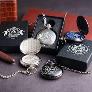 Conjunto de regalos para padrinos de boda de 4, 5, 6, 7, 8, relojes de bolsillo personalizados grabados, regalo para él, conjunto de relojes de bolsillo al por mayor de 4, conjunto de regalo para padrinos de boda