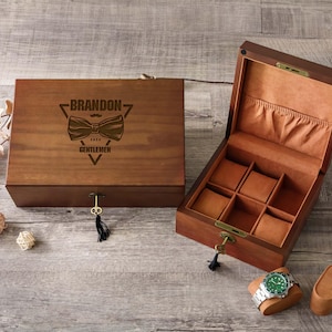 Engraved Watch Box with Lock & Key, Best Dad Gift, 6 Slots Watch Storage Case for Men, Groomsmen Gift, Anniversary Gift for Husband
