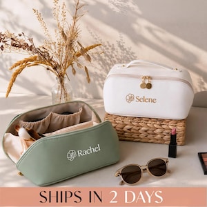 Bulk Bridesmaid Gifts Set, Personalized Embroidered Leather Makeup Bags, Custom Name Toiletry Organizer for Bridal Party.