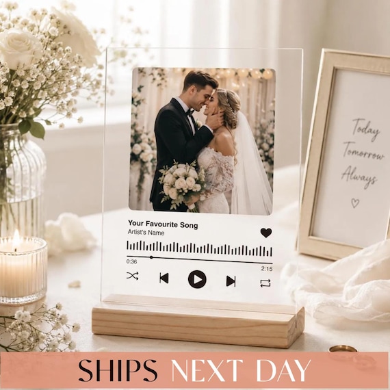 First Anniversary Personalized Spotify Plaque: Custom Photo Playlist Acrylic Frame, Wood Stand [R]
