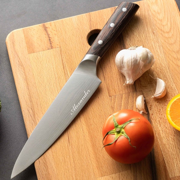 Couteau de chef 8 pouces gravé personnalisé | Ensemble de couteaux de chef personnalisés | Cadeaux de chef pour petit ami | Couteau de chef avec nom | Cadeau d'anniversaire pour elle