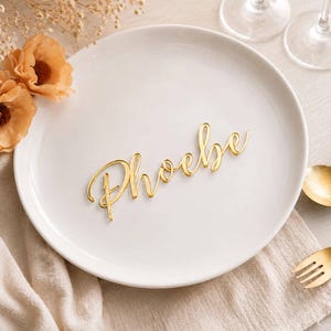 May include: A gold-colored name tag featuring the name Phoebe in a cursive script font, placed centrally on a plain white ceramic dinner plate. The name tag has a reflective, metallic finish and is positioned horizontally across the center of the plate.