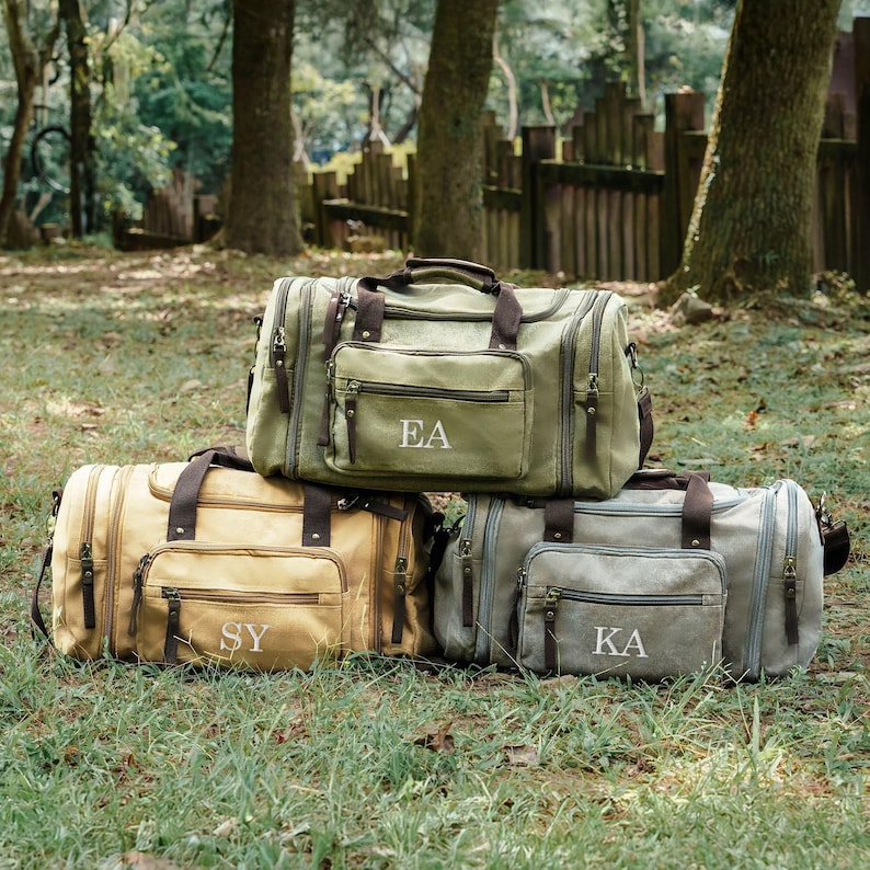 Best Man Gift Monogrammed Grey Khaki Weekender: Large Canvas Overnight Bag [R] image 7
