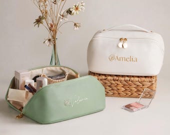 Personalized Embroidered Leather Makeup Bag, Mothers Day Gift for Her, Large Toiletry Organizer for Bride & Bridesmaid Gifts