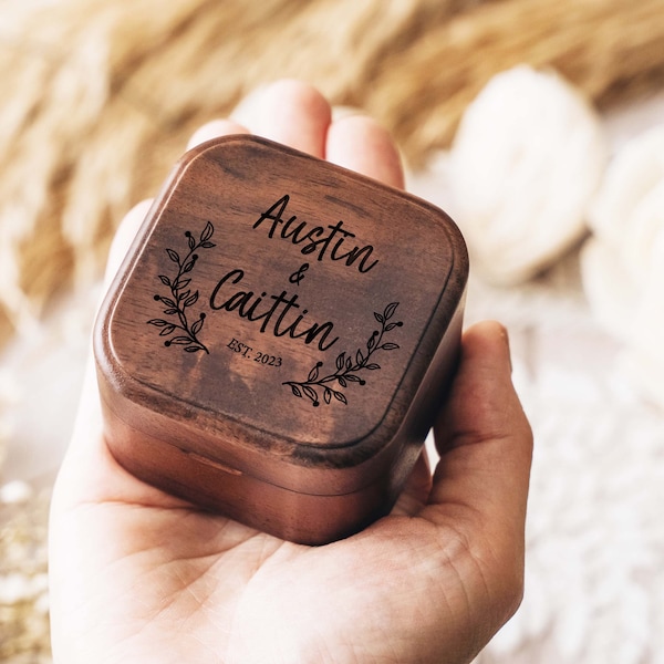 Engraved Wooden Ring Box for Wedding Ceremony | Square Double Ring Box | Engagement Ring Bearer | Custom Keepsake Ring Box