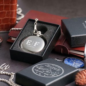 a collection of various items, including a silver pocket watch, a black box, and a blue pocket watch, all placed on a surface.