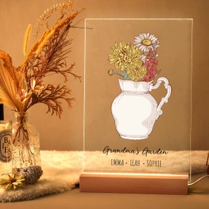 Personalized Photo Night Light, Birth Flower Plaque with Stand, Unique Birthday Gifts for Grandma, Moms Garden, bedroom decor