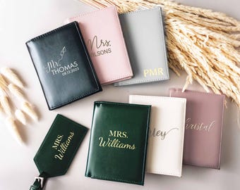 Passeport et bagage en cuir, cadeau pour petite amie, passeport en cuir personnalisé et étiquette de bagage, housses de passeport pour monsieur et madame, cadeau lune de miel