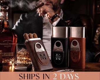 Engraved Cigar Case, Personalized Groomsmen Gifts, Custom Leather Cigar Holder, Cigar Travel Case, Fathers Day Gift for Him [T]