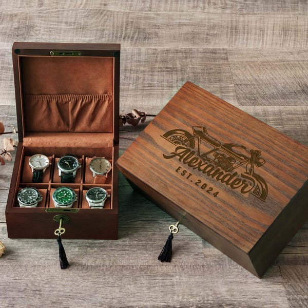 Caja de madera para relojes con cerradura y llave, el mejor regalo para papá, regalo para él, regalos para padrinos de boda, estuche para guardar relojes con 10 compartimentos grabados.