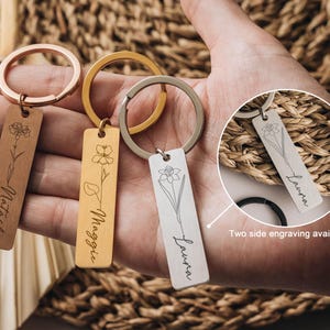 Birth Flower Metal Keychain, Flower Keyring, Name Keychain, Personalized Gift for Her, Custom Keychain for Best Friend