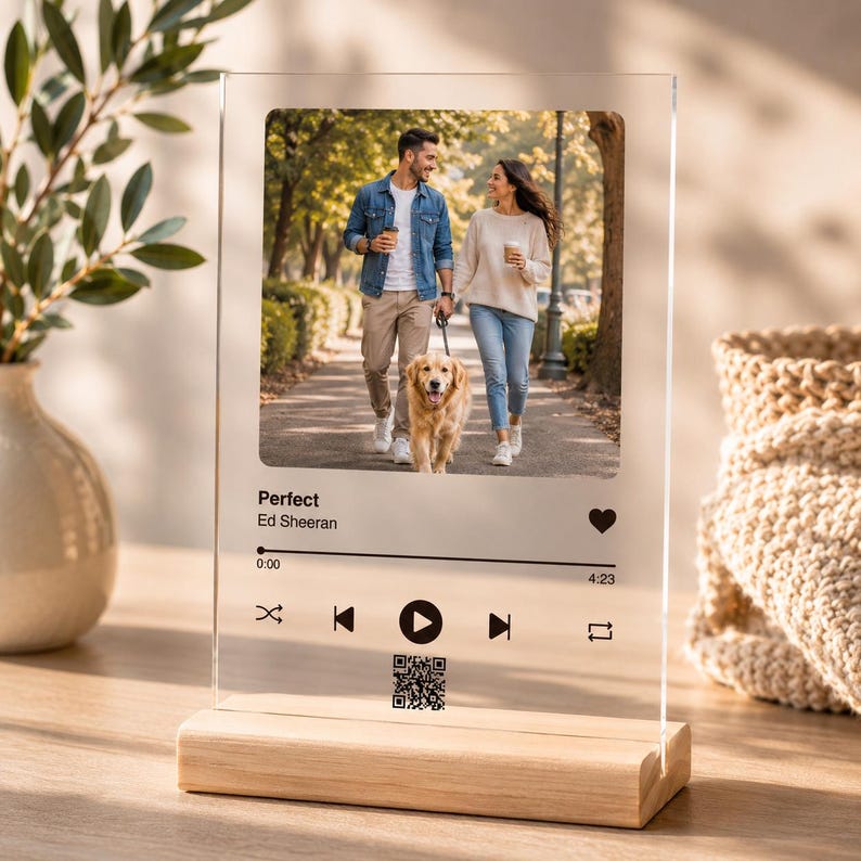 Personalized Music Plaque with Wood Stand: Custom Couple Picture Song Code Sign image 7