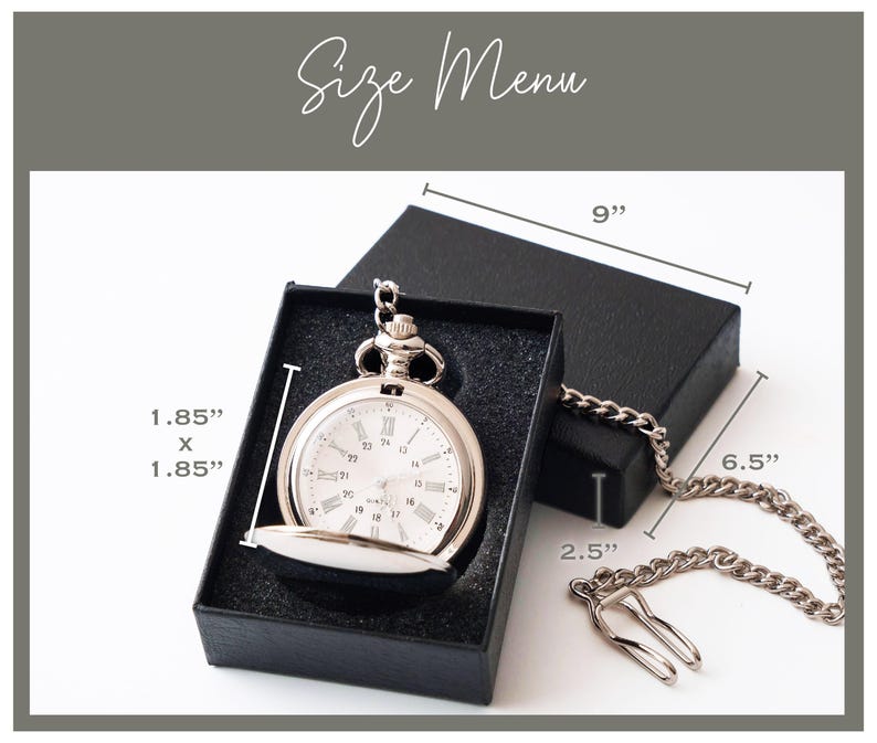 A silver pocket watch is displayed in a black box, with measurements provided.